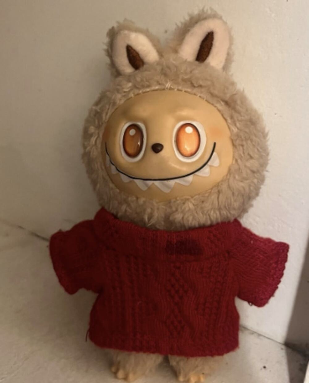 Labubu Style Beige Monster Figure Doll Red Sweater Fuzzy Ears